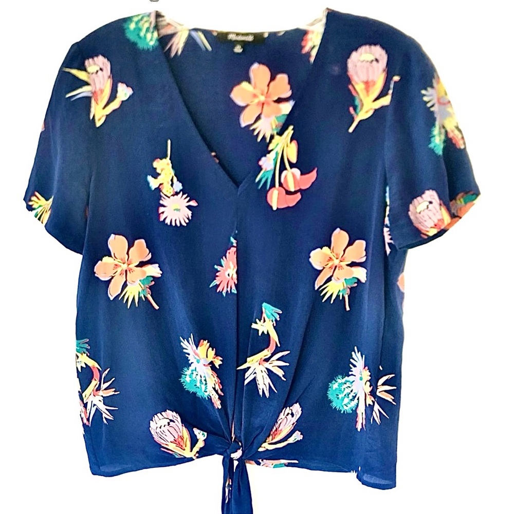 Madewell Silk Novel Tie-Front Navy Blue Floral Top in Bird of Paradise